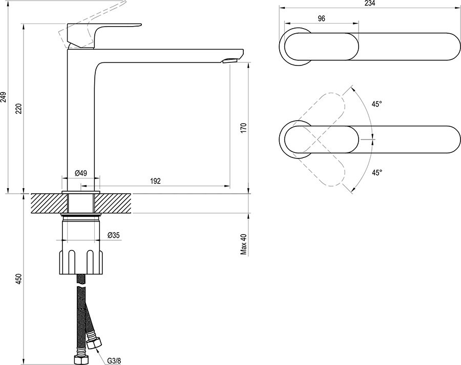 Izlietnes jaucējkrāns Eleganta 220 mm bez pamatnes vārsta