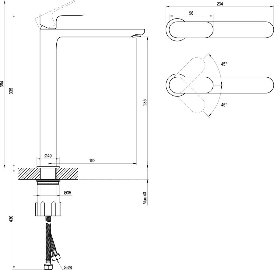 Jaucējkrāns Eleganta 335 mm bez pamatnes vārsta