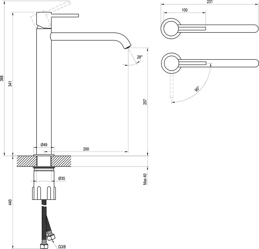 Izlietnes jaucējkrāns ESPIRIT 340 mm BeCool bez pamatnes vārsta