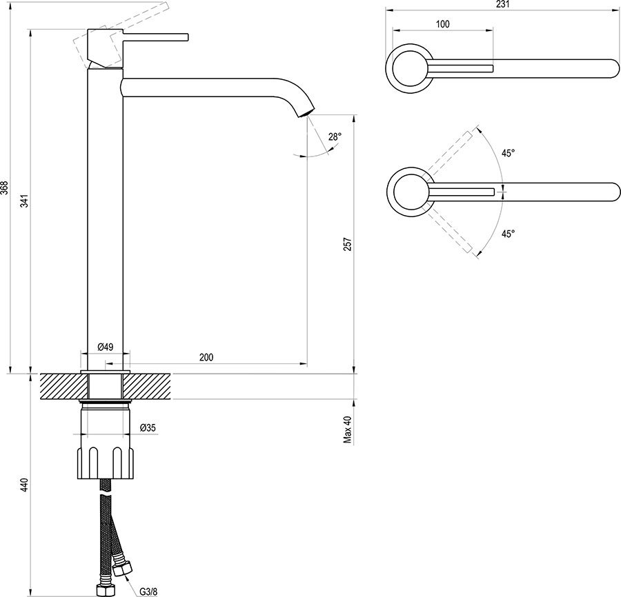 Jaucējkrāns Espirit 340 mm bez pamatnes vārsta