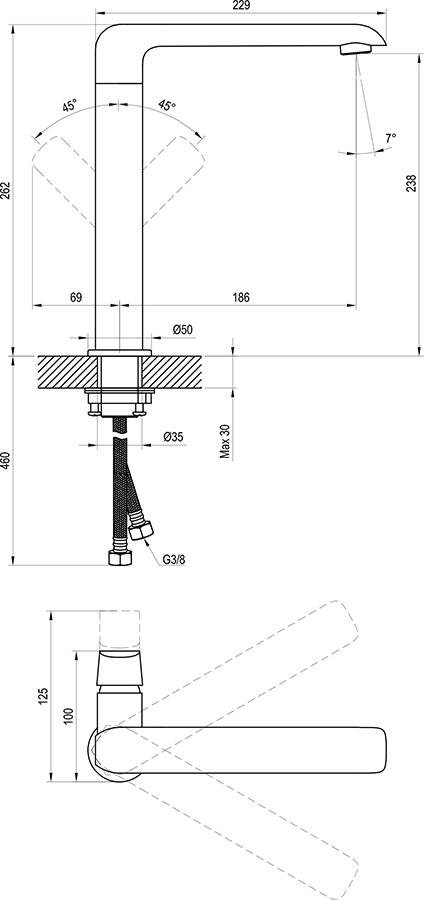 Atsevišķi stāvošais ūdens maisītājs Flat izlietnei/ virtuves izlietnei bez noteces 261 mm