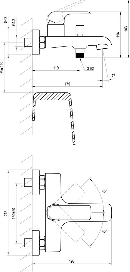 Sienas ūdens maisītājs Flat vannas istabai