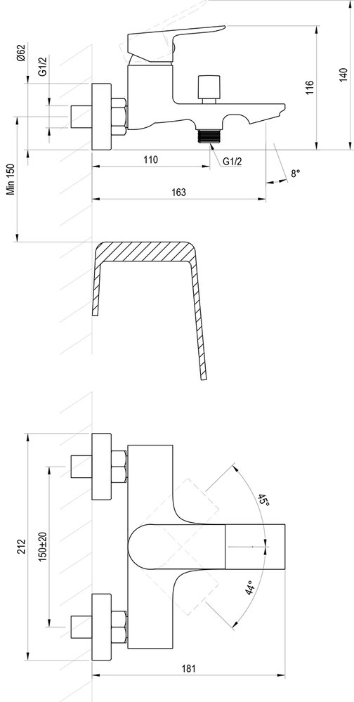 Sienas ūdens maisītājs Plan vannas istabai PN 022.00