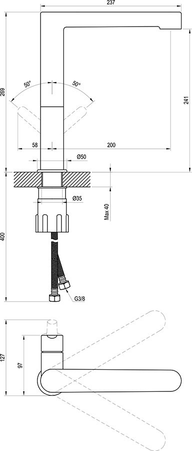 Atsevišķi stāvošais ūdens maisītājs Puri izlietnei/ virtuves izlietnei bez noteces 269 mm