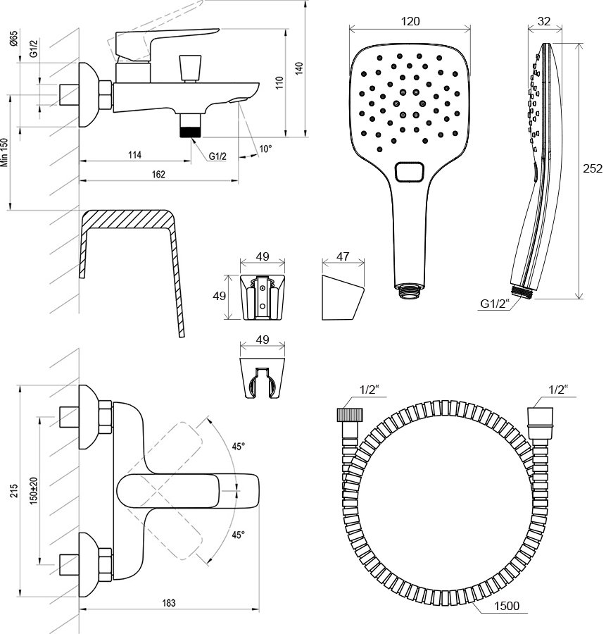 Classic CL 022 sienas vannas jaucējkrāns ar dušas komplektu