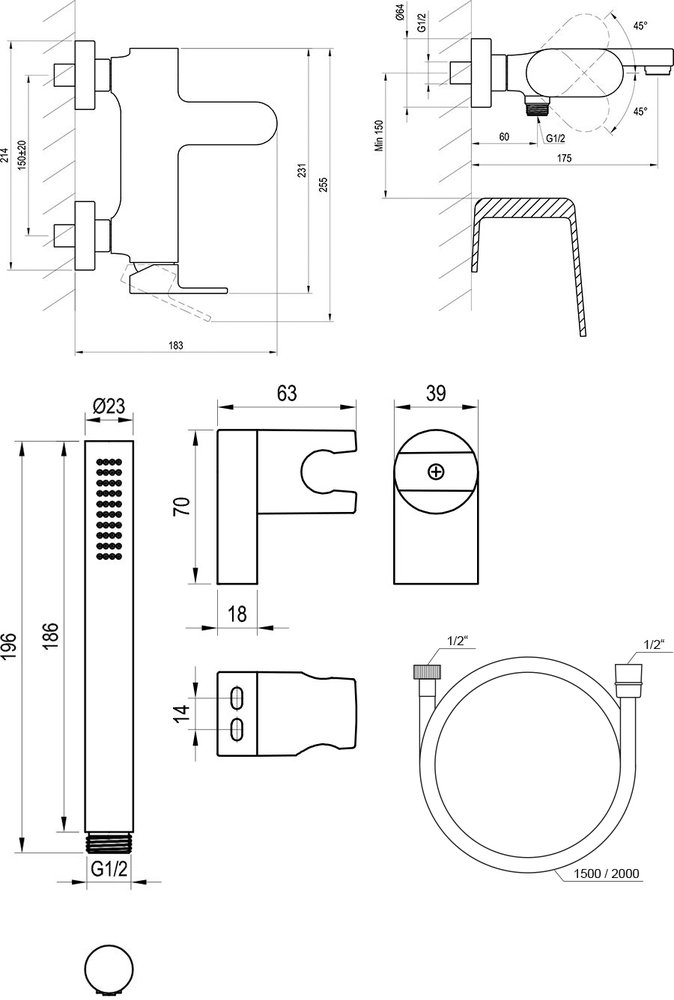 Eleganta EL 022 sienas vannas jaucējkrāns ar dušas komplektu