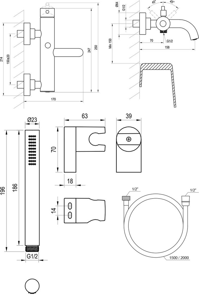 Espirit ES 022 sienas vannas jaucējkrāns ar dušas komplektu