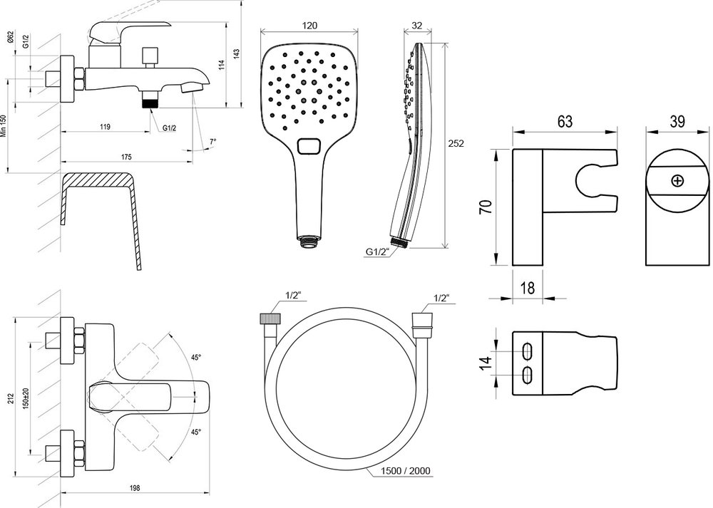 Flat FL 022 sienas vannas jaucējkrāns ar dušas komplektu