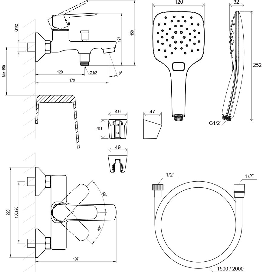 Life LF 022 sienas vannas jaucējkrāns ar dušas komplektu