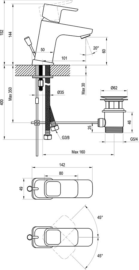 Izlietnes maisītājs ar pamatnes vārstu 10°, 145 mm