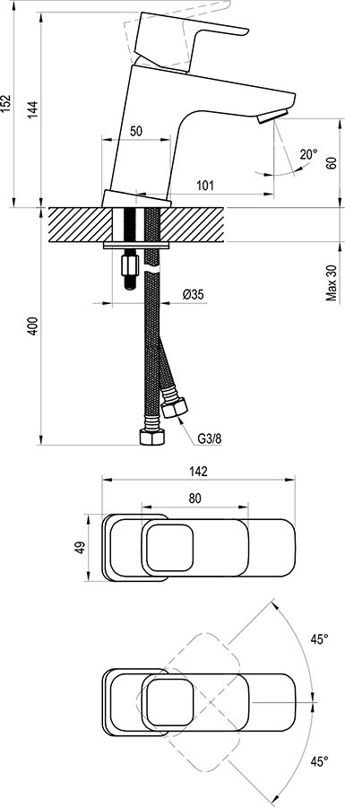 Izlietnes maisītājs bez pamatnes vārsta 10°, 145 mm