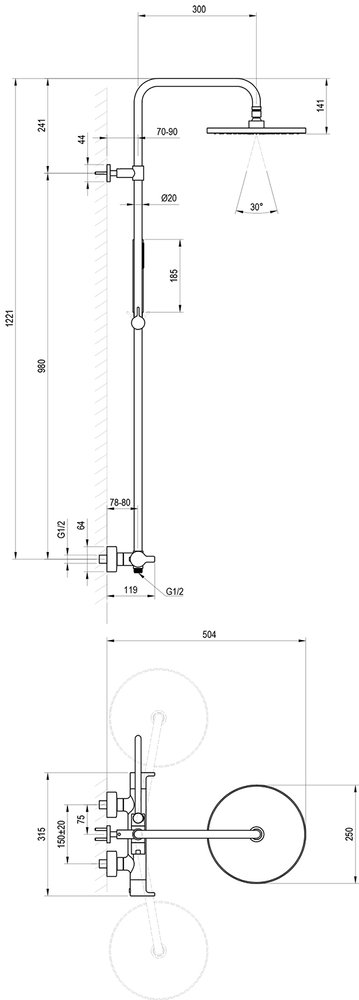 Vannas dušas kolonna TE 095 ar termostatisko maisītāju, ar dušas komplektu