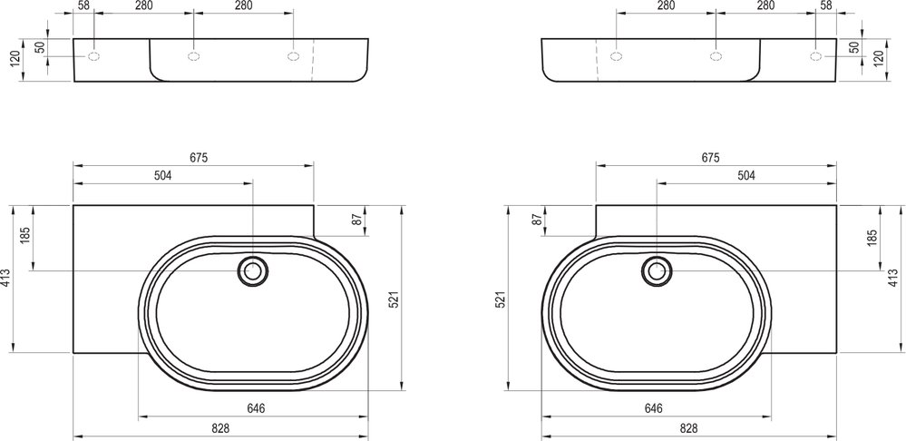 Izlietne ARC 83/65 L/R, bez jaucējkrāna atveres