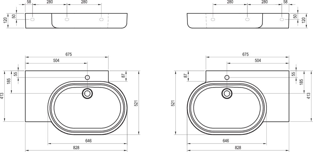 Izlietne ARC 83/65 L/R, ar atveri izlietnes jaucējkrānam