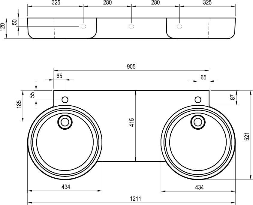 Dubultā izlietne ARC 120, ar atveri izlietnes jaucējkrānam