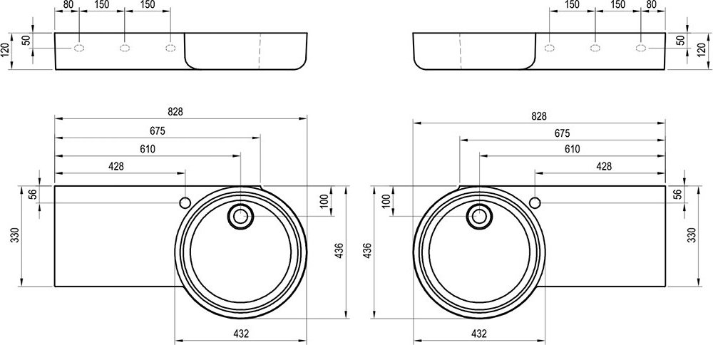 Izlietne ARC 83/43 L/R, ar atveri izlietnes jaucējkrānam