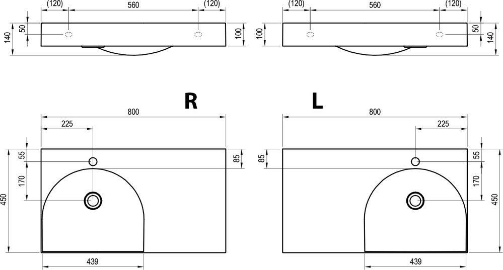 Izlietne Lite 80/45 L/R, ar atveri izlietnes jaucējkrānam