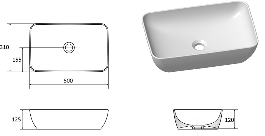 Keramiskā izlietne UNI 500 R SLIM